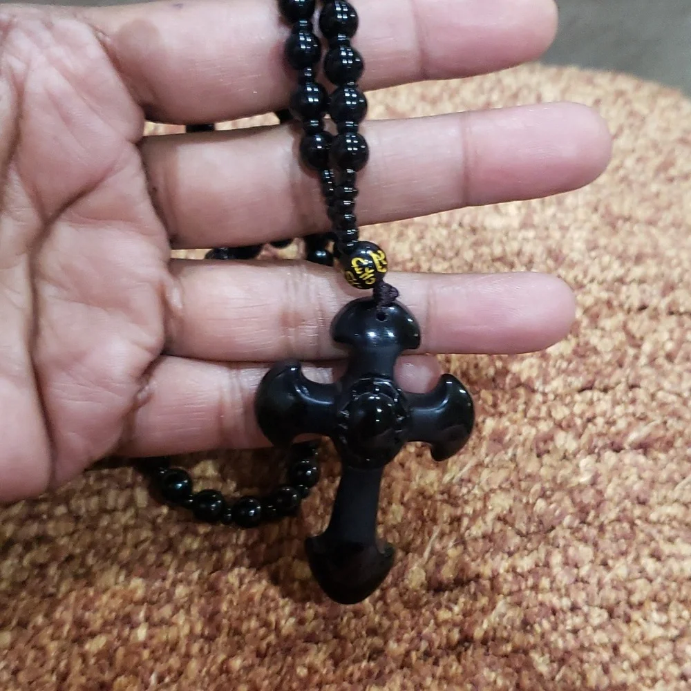 Natural crystal black obsidian cross necklace Amulet pendant with chain - Picture 8 of 10